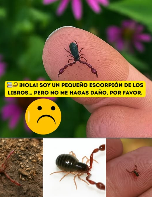 廬 Hola! Soy un pequeño escorpión de los libros pero, por favor, no me hagas daño. Aunque parezca un mini escorpión, en realidad soy un pseudoescorpión, un arácnido inofensivo y MUY beneficioso para tu hogar. 

Sabías que deberías dejarme vivir en paz? Me alimento de plagas como: 
 Ácaros 
 Piojos de los libros 
淋 Larvas de polillas de la ropa 
荒 Larvas de escarabajo de alfombra 

Soy tu aliado natural contra esas molestas plagas domésticas!  

 Dato curioso: Antes, los libros se encuadernaban con pegamento animal . Los piojos de los libros se lo comían y arruinaban las páginas… y ahí es donde entro yo! Por eso me llaman escorpión de los libros. 

 Y no, no soy un escorpión verdadero! No tengo aguijón ni veneno. Solo parezco uno por mis pinzas, pero soy completamente inofensivo para los humanos. 

 Así que la próxima vez que veas a uno como yo, no lo aplastes… protégelo! Soy pequeño pero hago un gran trabajo! 
#EscorpiónDeLibros #AliadoNatural #PlagasNoGracias