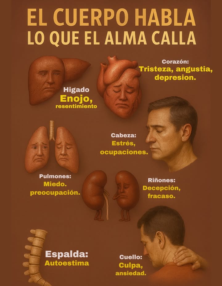 易 El cuerpo habla lo que el alma calla:
Alguna vez te has preguntado por qué te duele el cuello sin razón aparente? Por qué tu espalda se tensa aunque no hayas hecho esfuerzo físico? Nuestro cuerpo es más sabio de lo que creemos. Cada órgano, cada músculo, cada dolor puede ser un mensaje emocional que aún no hemos escuchado.
La medicina ancestral y la psicología moderna coinciden en algo esencial: las emociones no expresadas se alojan en el cuerpo. Y cuando no las atendemos, se manifiestan como malestar físico.
 Aquí algunas conexiones reveladoras:
– El hígado guarda el enojo, el coraje reprimido y el resentimiento.
– El corazón sufre con la tristeza profunda, la angustia y la depresión.
– Los pulmones se tensan con el miedo y la preocupación excesiva.
– La cabeza se sobrecarga con el estrés y las responsabilidades que no delegamos.
– Los riñones reflejan la decepción, el fracaso y la ira contenida.
– La espalda y los huesos se debilitan cuando falta amor propio y autoestima.
– El bazo se entristece con la melancolía y la preocupación constante.
– El cuello se endurece con la culpa, la ansiedad y la autoexigencia.
 Dime qué te duele y te diré qué emoción necesitas liberar.
Este mapa emocional no busca reemplazar la medicina, sino complementarla. Nos invita a mirar hacia adentro, a preguntarnos qué sentimos, qué callamos, qué necesitamos sanar.
Porque cuando escuchamos al cuerpo con compasión, también empezamos a sanar el alma.