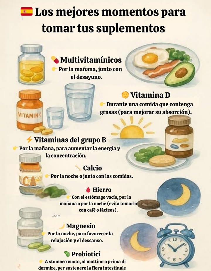 Los mejores momentos para tomar tus suplementos

Cada tipo de suplemento se absorbe mejor en distintos momentos del día. Seguir estas pautas ayuda a aprovechar al máximo sus beneficios.

 Multivitamínicos
Tómalos junto con el desayuno para favorecer su absorción y evitar molestias estomacales.

 Vitamina D
Ingiérela con una comida que contenga grasas saludables, como aguacate, huevos o aceite de oliva.

 Vitaminas del grupo B
Por la mañana, ya que ayudan a mantener la energía y la concentración durante el día.

領 Calcio
Por la noche o junto con las comidas, para mejorar la absorción y apoyar la salud ósea.

喝 Hierro
Con el estómago vacío, preferiblemente por la mañana o por la noche. Evita combinarlo con café o lácteos.

 Magnesio
Por la noche, ya que contribuye a la relajación muscular y mejora la calidad del sueño.

裂 Probióticos
Tómalos con el estómago vacío, por la mañana o antes de dormir, para fortalecer la flora intestinal.