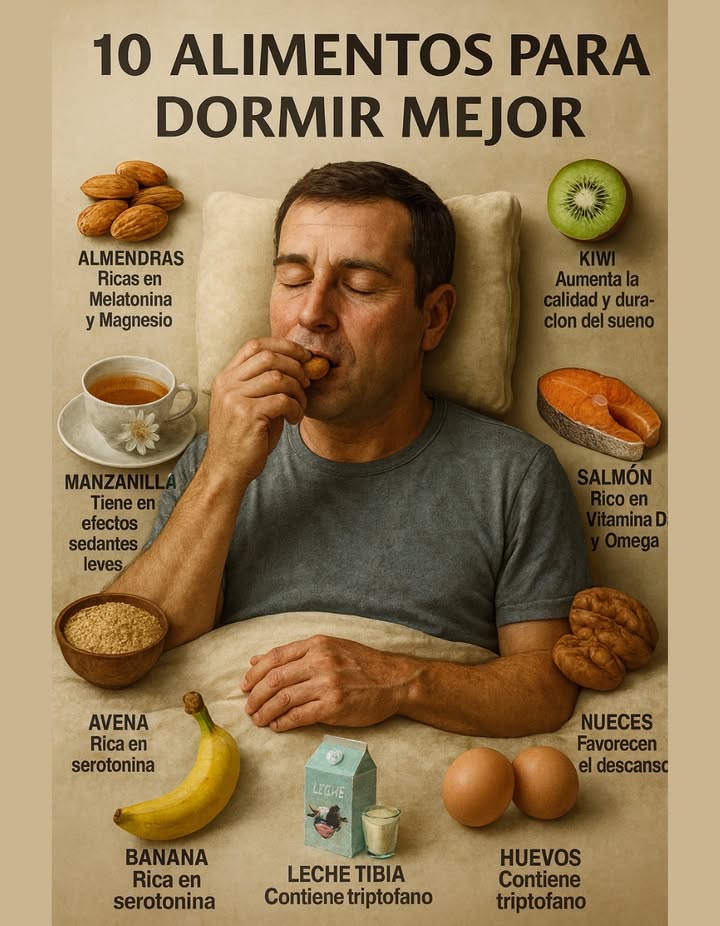 Los 10 mejores alimentos para Dormir como un bebé Kiwi Mejora la calidad del sueño Es rico en antioxidantes y serotonina, sustancias que ayudan a regular el ciclo del sueño. Estudios indican que consumir kiwi antes de acostarse puede mejorar tanto la duración como la eficiencia del descanso. Salmón Fuente de vitamina D y omega-3 Estos nutrientes favorecen la producción de serotonina, esencial para inducir el sueño. Además, la vitamina D contribuye a mantener un ritmo biológico saludable. ### Nueces Promueven el descanso natural Contienen melatonina de forma natural, la hormona que regula el sueño. También aportan grasas saludables que benefician la función cerebral durante la noche. Avena Estimula la serotonina Sus carbohidratos complejos ayudan a liberar insulina, lo que facilita la entrada de triptófano al cerebro y favorece la producción de serotonina, clave para relajarse. Banana Rica en triptófano y magnesio El magnesio relaja los músculos, mientras que el triptófano se transforma en serotonina y melatonina, ayudando a conciliar el sueño de forma natural. ### Manzanilla Infusión relajante Contiene apigenina, un antioxidante que se une a receptores cerebrales y promueve la somnolencia. Es una opción ideal como bebida nocturna sin cafeína. Almendras Fuente natural de melatonina Además de melatonina, aportan magnesio, que ayuda a reducir el estrés y mejora la calidad del sueño. 拏 Leche tibia Contiene triptófano El calcio presente en la leche ayuda al cerebro a transformar el triptófano en melatonina. Tomarla tibia potencia su efecto relajante. 燎 Queso fresco Rico en proteínas y calcio Las proteínas ayudan a mantener estables los niveles de azúcar en sangre durante la noche, y el calcio favorece la producción de melatonina. 讀 Huevos Aportan triptófano Son una fuente completa de proteínas y contienen triptófano, que contribuye a la síntesis de serotonina y melatonina, facilitando el descanso. Consejo final Incluye estos alimentos en la cena o consúmelos entre 1 y 2 horas antes de acostarte. Evita las porciones grandes: comer en exceso puede dificultar el sueño. Lo ideal es optar por una comida ligera y equilibrada que favorezca la relajación sin sobrecargar la digestión.