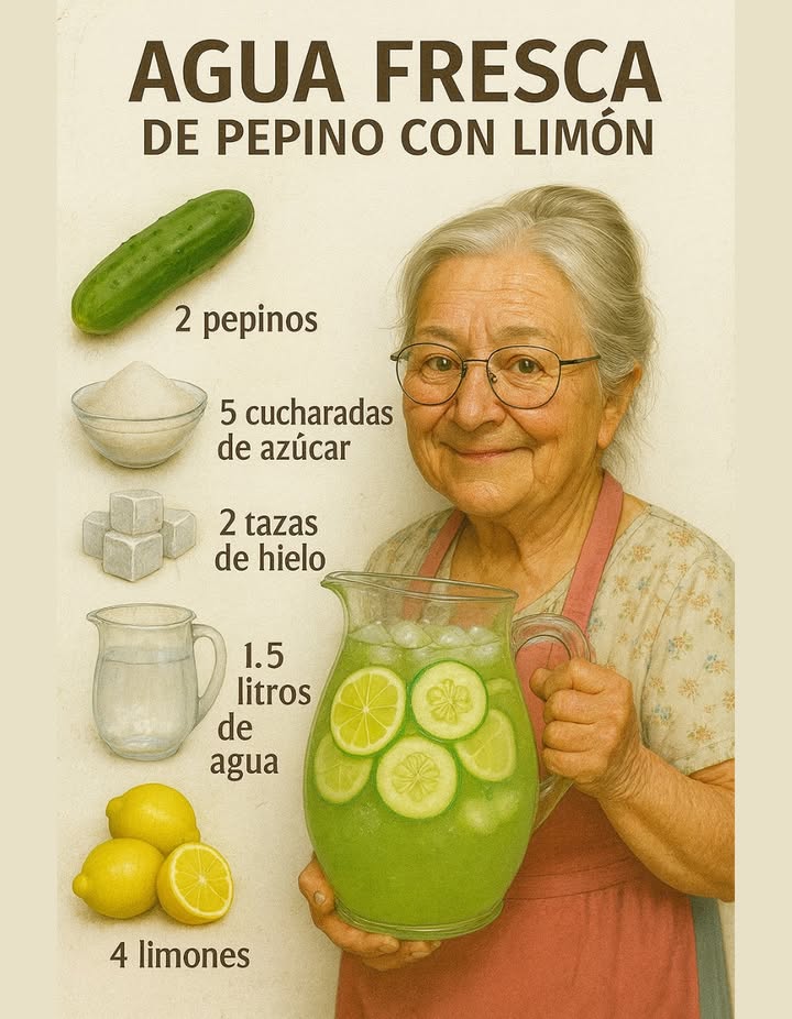 AGUA FRESCA DE PEPINO CON LIMÓN 勒 Ingredientes: - 2 pepinos, pelados, sin semillas y cortados en cubitos - 5 cucharadas de azúcar - 2 tazas de hielo - 1.5 litros de agua natural - 4 limones Preparación: 1. En una licuadora, mezcla los pepinos sin semillas, el azúcar y el agua. 2. Incorpora el jugo de los limones. 3. Vierte la mezcla en una jarra y ajusta con más agua y azúcar si es necesario. 4. Añade el hielo. 5. Disfruta de tu agua fresca!