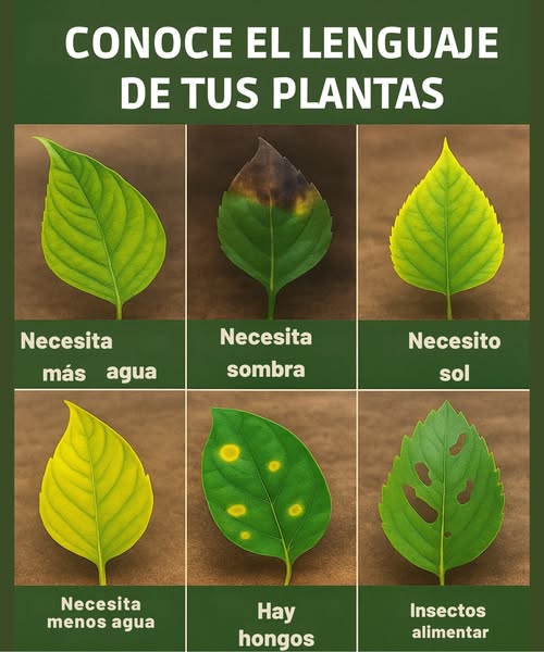 Conoce el Lenguaje de tus Plantas Necesitan Más Agua Señales: Las hojas parecen marchitas, flácidas o descoloridas. Solución: Aumenta la frecuencia de riego. Revisa la humedad del suelo regularmente. Necesitan Sombra Señales: Las puntas de las hojas están chamuscadas o quemadas, generalmente volviéndose marrones o negras. Solución: Mueve la planta a un lugar con luz indirecta o proporciona una tela de sombra. Necesitan Sol Señales: Hojas pálidas, de color verde amarillento que carecen de vitalidad. Solución: Coloca tu planta en un lugar más brillante con más luz solar directa o filtrada. Necesitan Menos Agua Señales: Hojas amarillentas, a menudo comenzando por las puntas o la base. Solución: Deja que el suelo se seque entre riegos y asegura un buen drenaje. Hay Hongos Señales: Manchas circulares amarillas o marrones en las hojas. Solución: Poda las áreas afectadas, mejora la circulación del aire y evita mojar las hojas. Insectos se Alimentan Señales: Huecos o secciones mordidas en las hojas. Solución: Inspecciona en busca de plagas como orugas o escarabajos y utiliza repelentes naturales o jabón insecticida. Consejo Pro: Las hojas saludables son vibrantes, de color uniforme y libres de manchas o daños. Un chequeo regular con tus plantas puede prevenir que pequeños problemas se conviertan en grandes problemas.