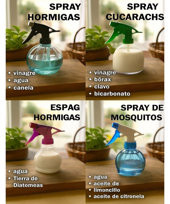 林 Repelentes Caseros Naturales para Insectos en el Hogar

Fáciles de hacer con ingredientes que tienes a mano:

 Spray para hormigas opción 1
Ingredientes:
 Vinagre
 Agua
 Canela

 Spray para hormigas opción 2
Ingredientes:
 Agua
 Tierra de diatomeas

荒 Spray para cucarachas
Ingredientes:
 Vinagre
 Bórax
 Clavo
 Bicarbonato

烈 Spray para mosquitos
Ingredientes:
 Agua
 Aceite de limoncillo
 Aceite de citronela

Estos preparados naturales son ideales para mantener tu hogar libre de plagas sin necesidad de productos químicos agresivos.