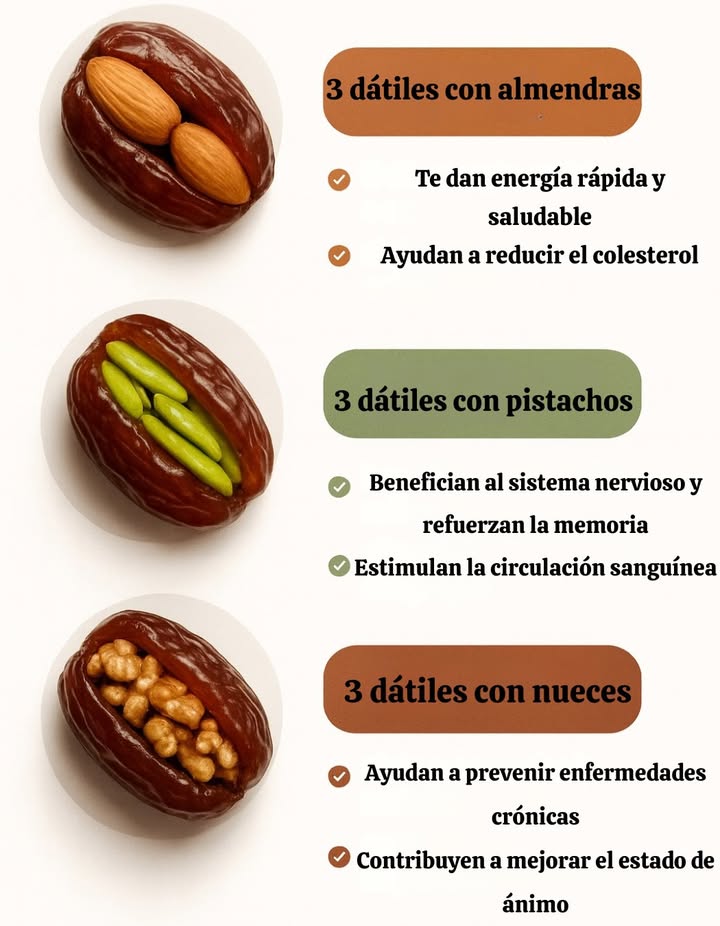 Dátiles rellenos de frutos secos: snack natural e inteligente Idea principal Un tentempié práctico que une los azúcares suaves del dátil con las fibras, grasas saludables y proteínas de los frutos secos. Energía constante, saciedad agradable. Dátiles con almendras 2 almendras en cada dátil Ideales antes de un esfuerzo físico o durante el trabajo Grasas insaturadas y fibras que, en una alimentación equilibrada, pueden ayudar al equilibrio lipídico Dátiles con pistacho Granos de pistacho verde en su interior Mezcla de carbohidratos y grasas saludables para favorecer la concentración y estabilidad Antioxidantes que pueden apoyar los nervios y la circulación Dátiles con nueces Media nuez por dátil Saciedad satisfactoria gracias a grasas de calidad y fibras Ácidos grasos que, en el contexto de una dieta completa, pueden apoyar el bienestar general y el estado de ánimo Porción recomendada 3 dátiles rellenos = 1 porción, con un vaso de agua o café árabe Nota para quienes deben controlar los azúcares Los dátiles son naturalmente ricos en azúcares: regular la cantidad en caso de diabetes o dietas hipocalóricas Síntesis Tres bocados inteligentes con almendras, pistachos y nueces: fáciles de preparar, sabrosos, con energía suave y perfil nutricional variado si se consumen con moderación dentro de una dieta equilibrada.