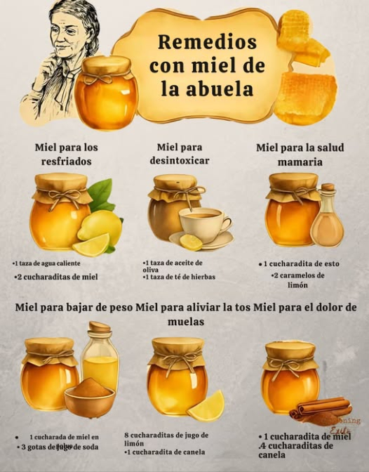Remedios de la Abuela con Miel  Una Dulce Tradición Natural   
La miel, un preciado legado transmitido a través de generaciones, está llena de virtudes terapéuticas. Aquí hay algunas recetas caseras simples para cuidarte cada día:  
 Miel para Resfriados  
 1 cucharada de miel  
 1 cucharada de jugo de limón  
 Alivia la garganta y apoya las defensas naturales  
 Miel Detox  
  cucharada de miel  
 1 taza de infusión de hierbas  
 Limpia suavemente el cuerpo y revitaliza  
 Miel y Senos Nasales  
 1 cucharada de miel  
 2 cucharadas de vinagre de manzana  
 Aclara naturalmente las vías respiratorias  
 Miel para Pérdida de Peso  
 1 cucharada de miel  
  cucharadita de canela  
 Unas gotas de jugo de limón  
 Activa el metabolismo y ayuda en la pérdida de peso  
裸 Miel para la Tos  
 8 cucharadas de miel  
 4 cucharadas de jugo de limón  
 Un jarabe suave y efectivo para calmar la irritación  
醴 Miel para Dolor de Dientes  
 1 cucharada de miel  
 1 cucharadita de canela  
 Alivia naturalmente el dolor dental  
Siempre prefiera miel orgánica pura para aprovechar todos los beneficios. Una tradición dulce y atemporal para el bienestar.