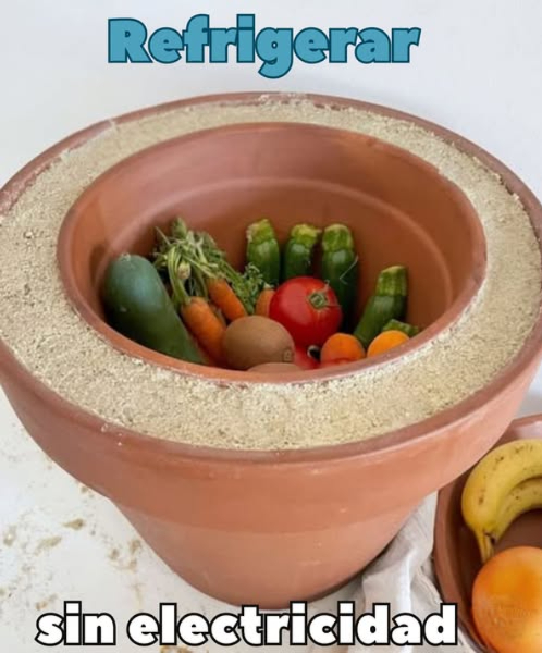 Refrigera sin electricidad Coloca una olla más pequeña dentro de una más grande Llena el espacio entre ellas con arena húmeda Cubre la parte superior con un paño húmedo A medida que el agua se evapora, extrae calor y enfría el interior de forma natural. Esta configuración simple y asequible puede extender la vida de los alimentos perecederos de solo unos días a hasta tres semanas. Perfecto para emergencias o vida fuera de la red.