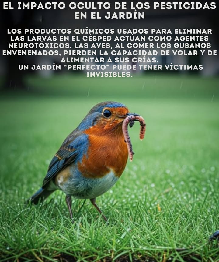 Los productos de control de larvas a menudo contienen pesticidas neurotóxicos que atacan a los insectos del suelo, pero los efectos no se detienen ahí. Las aves que se alimentan de lombrices de tierra o escarabajos envenenados absorben las mismas toxinas, lo que lleva a la parálisis y la muerte. Un tratamiento para el "césped perfecto" puede repercutir en toda una cadena alimentaria, desde el suelo hasta el ave cantando en su nido. Un césped verde no vale una primavera silenciosa. Elige productos orgánicos o evita los químicos por completo.