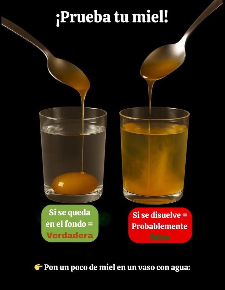 Cómo probar la miel en casa 1 Miel verdadera Cuando se sumerge en un vaso de agua, la miel pura se deposita en el fondo y permanece intacta, sin mezclarse fácilmente. 2 Miel falsa Cuando se añade al agua, se disuelve rápidamente y se dispersa, lo que indica una posible adulteración. Un método simple que ayuda a identificar si la miel es natural o contiene aditivos.
