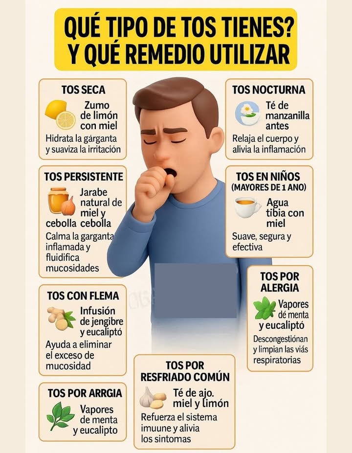 Tipos de tos y remedios naturales Cada tipo de tos puede aliviarse con ingredientes sencillos y naturales, que suavizan la garganta y favorecen la recuperación del sistema respiratorio. Tos seca Zumo de limón con miel. Hidrata la garganta y calma la irritación. Tos persistente Jarabe natural de miel y cebolla. Suaviza la garganta inflamada y ayuda a eliminar mucosidades. Tos nocturna Té de manzanilla antes de dormir. Relaja el cuerpo y alivia la inflamación. Tos en niños mayores de 1 año Agua tibia con miel. Suave, segura y efectiva. Tos por alergia Vapores de menta y eucalipto. Limpian las vías respiratorias y reducen la congestión. 龍 Tos por resfriado común Té de ajo, miel y limón. Refuerza el sistema inmunitario y alivia los síntomas. Tos con flema Infusión de jengibre y eucalipto. Favorece la eliminación del exceso de mucosidad.