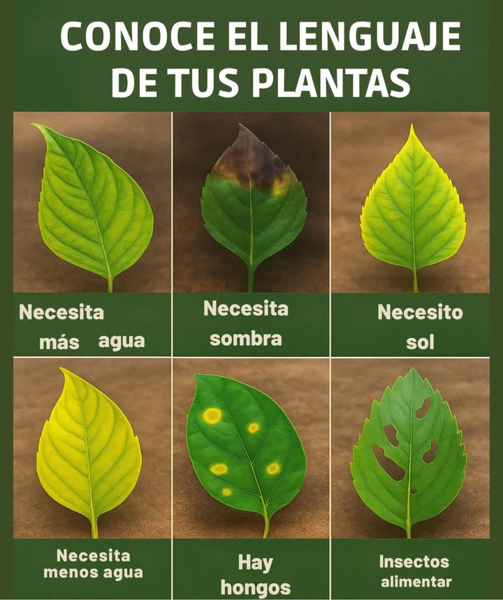 Conoce el Lenguaje de tus Plantas   
 Necesitan Más Agua  
Señales: Las hojas parecen marchitas, flácidas o descoloridas.  
Solución: Aumenta la frecuencia de riego. Revisa la humedad del suelo regularmente.  

 Necesitan Sombra  
Señales: Las puntas de las hojas están chamuscadas o quemadas, generalmente volviéndose marrones o negras.  
Solución: Mueve la planta a un lugar con luz indirecta o proporciona una tela de sombra.  

 Necesitan Sol  
Señales: Hojas pálidas, de color verde amarillento que carecen de vitalidad.  
Solución: Coloca tu planta en un lugar más brillante con más luz solar directa o filtrada.  

 Necesitan Menos Agua  
Señales: Hojas amarillentas, a menudo comenzando por las puntas o la base.  
Solución: Deja que el suelo se seque entre riegos y asegura un buen drenaje.  

 Hay Hongos  
Señales: Manchas circulares amarillas o marrones en las hojas.  
Solución: Poda las áreas afectadas, mejora la circulación del aire y evita mojar las hojas.  

 Insectos se Alimentan  
Señales: Huecos o secciones mordidas en las hojas.  
Solución: Inspecciona en busca de plagas como orugas o escarabajos y utiliza repelentes naturales o jabón insecticida.  

 Consejo Pro:  
Las hojas saludables son vibrantes, de color uniforme y libres de manchas o daños. Un chequeo regular con tus plantas puede prevenir que pequeños problemas se conviertan en grandes problemas.