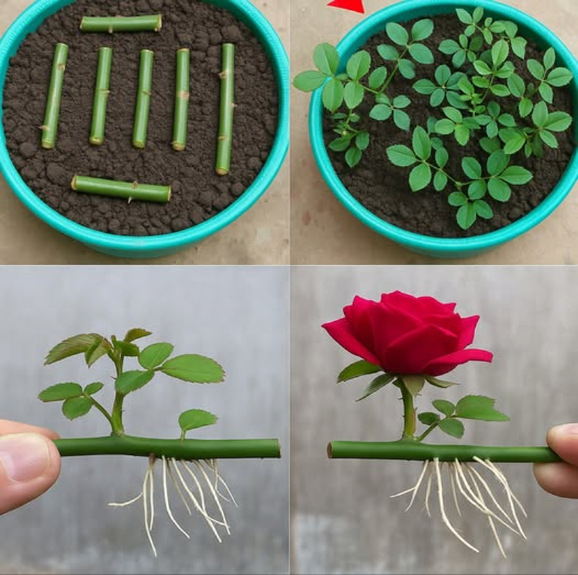 Cómo Propagar Rosas a partir de Esquejes: Una Guía Simple  
 Lo Que Necesitarás:  
Tallo de rosa saludable esqueje  
Cuchillo afilado o tijeras de podar  
Hormona enraizadora opcional pero útil  
Maceta pequeña o área de plantación  
Suelo bien drenado o mezcla para macetas  
Bolsa o botella de plástico para la humedad  
Agua  
 Guía Paso a Paso:  
1. Elige Tu Esqueje  
Selecciona un tallo saludable de un rosal de aproximadamente 1520 cm de largo que haya florecido recientemente. Debe ser verde pero firme, no demasiado blando ni leñoso.  
2. Recorta el Esqueje  
Corta justo debajo de un nudo donde la hoja se encuentra con el tallo.  
Elimina cualquier flor o capullo.  
Deja 23 conjuntos de hojas en la parte superior y quita el resto.  
3. Opcional: Usa Hormona Enraizadora  
Sumerge el extremo inferior del esqueje en hormona enraizadora para fomentar el desarrollo de raíces.  
4. Planta el Esqueje  
Llena una maceta con mezcla para macetas húmeda o planta directamente en el jardín.  
Haz un agujero e inserta suavemente el esqueje a mitad de profundidad.  
Compacta la tierra alrededor de él.  
5. Cubre para la Humedad  
Cubre el esqueje con una bolsa de plástico transparente o una botella de plástico cortada para crear un mini invernadero. Esto mantiene la humedad dentro y protege el esqueje.  
6. Mantén Húmedo y Caliente  
Coloca en luz solar indirecta.  
Riega regularmente para mantener la tierra húmeda pero no empapada.  
7. Espera a que Crezcan las Raíces  
Las raíces suelen formarse en 36 semanas. Puedes probar tirando suavemente del tallo; si ofrece resistencia, significa que se han formado raíces.  
8. Transplanta  
Una vez que se formen raíces fuertes y aparezcan nuevas hojas, mueve tu rosa a una maceta más grande o a tu jardín.  
 Consejos para el Éxito:  
Toma los esquejes por la mañana temprano cuando las plantas están hidratadas.  
La primavera y principios del verano son los mejores momentos para propagar.  
Mantén un ojo en la humedad y evita el sol directo hasta que el esqueje esté arraigado.  
Con solo un poco de cuidado y paciencia, podrás cultivar tus propias rosas y llenar tu jardín con impresionantes flores, todo a partir de una planta madre!