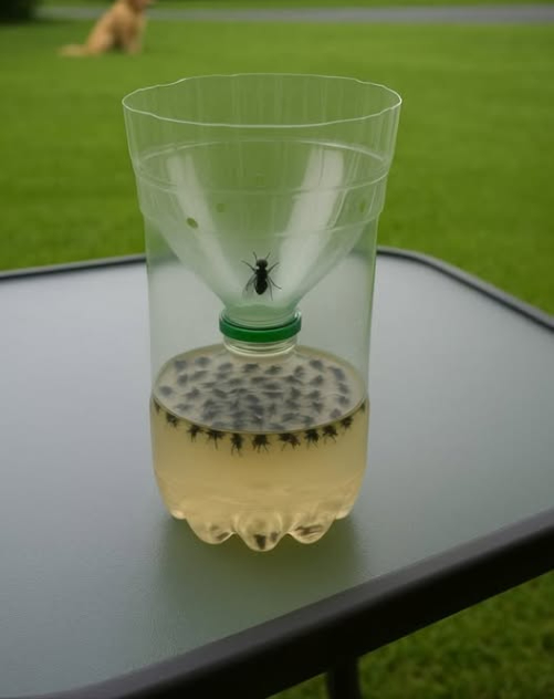 Tuve que sacar esto porque las moscas de este año son RIDÍCULAS… Publiqué esta trampa que hice en 2015, así que les doy la receta para que puedan hacer una… REALMENTE FUNCIONA.  
1/2 taza de azúcar, 1/4 taza de vinagre, 1/2 taza de agua caliente, 1 cucharadita de sal. Y mezclar todo en la botella… Corta la parte del embudo y dale la vuelta.