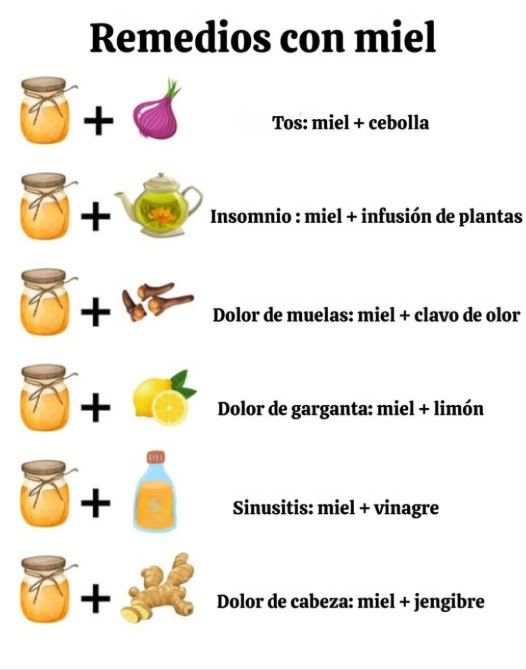 El dulce sanador de la naturaleza: remedios con miel para los males comunes   
蠟 Aliviar la tos  
Miel  cebolla  
 Remedio ancestral. Macerar cebolla picada en miel toda una noche y tomar una cucharada para calmar la garganta y reducir la tos.  
 Mejorar el sueño  
Miel  infusión de hierbas  
 Disolver una cucharada de miel en una infusión caliente de manzanilla o lavanda para relajar el cuerpo y la mente antes de dormir.   
 Aliviar el dolor de muelas  
Miel  clavo de olor  
 Analgésico natural potente. Mezclar miel con clavo de olor molido y aplicar en la zona afectada para calmar el dolor.  
#RemèdesNaturels #RemediosNaturales #MielGuérisseur #MielSanador #BienÊtre #Bienestar