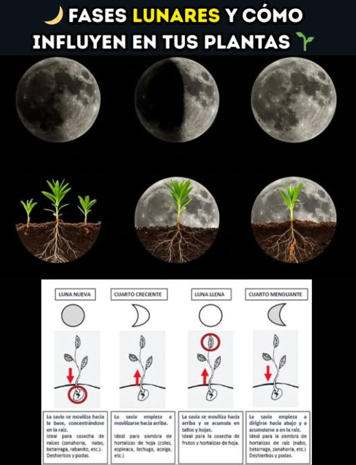 Fases lunares y cómo influyen en tus plantas La jardinería lunar es una práctica ancestral que aprovecha la influencia de la luna sobre la savia, la humedad del suelo y el desarrollo de las raíces. Así actúa cada fase: Luna Nueva Savia concentrada en las raíces. Siembra de tubérculos y raíces zanahoria, papa, remolacha. Poda de mantenimiento. Trasplantes para reducir estrés. Cuarto Creciente Savia sube hacia hojas y flores. Siembra de plantas de hoja lechuga, espinaca, acelga. Abonado rico en nitrógeno. Injertos y esquejes con mayor éxito. Luna Llena Máximo flujo de savia en la parte aérea. Cosecha de frutas y flores más sabor y aroma. Riego abundante: el suelo retiene mejor la humedad. Evita podar: la pérdida de savia sería mayor. Cuarto Menguante Savia desciende y fortalece raíces. Siembra de bulbos y tubérculos ajo, cebolla, zanahoria. Poda para estimular crecimiento en perennes y arbustos. Control de plagas y malezas con más efectividad. Sigue el calendario lunar y aprovecha cada fase para que tu huerto crezca fuerte y equilibrado. #FasesLunares #JardineríaLunar #PlantasFrescas
