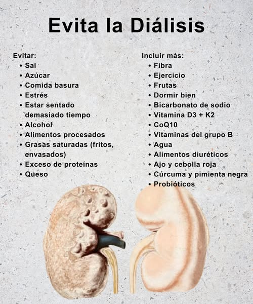 Evita la Diálisis de Forma Natural Evita: Sal y azúcar en exceso Comida procesada y fritos Estrés y sedentarismo Alcohol y comida basura Exceso de proteínas y queso Incluye más: Fibra y frutas frescas Ejercicio y buen descanso Agua y alimentos diuréticos Vitamina D3 K2, B y CoQ10 Ajo, cebolla roja y cúrcuma Probióticos naturales Cuidar los riñones es un hábito diario, no un remedio de último momento.