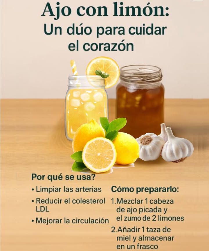 龍 Ajo con limón: Un dúo para cuidar el corazón Por qué se usa? Muchas personas lo consumen como infusión o jarabe con la intención de: - Limpiar las arterias. - Reducir el colesterol LDL el malo. - Mejorar la circulación sanguínea. Propiedades del ajo - Antioxidante y antiinflamatorio. - Puede reducir triglicéridos y presión arterial. - Contiene alicina, que favorece la salud vascular. Propiedades del limón - Rico en vitamina C y flavonoides. - El limoneno podría ayudar a disminuir el colesterol LDL. - Puede apoyar la regulación de la presión arterial- Qué dice la ciencia? Aunque hay estudios que analizan sus efectos por separado y algunos sobre su combinación, aún se necesitan más investigaciones para confirmar su eficacia como tratamiento. Sin embargo, su uso como complemento dentro de una dieta saludable es considerado seguro y potencialmente beneficioso.
