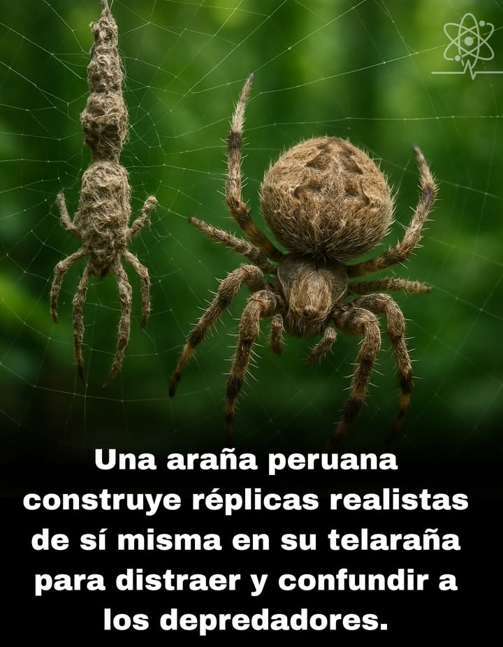 Este asombroso comportamiento se atribuye a una araña descubierta en la Amazonía peruana, probablemente una especie del género Cyclosa. Este género es conocido por crear señuelos o "muñecos" en sus telas utilizando seda, hojas e insectos muertos. Lo que hace única a la variedad peruana es la precisión con la que imita su propio cuerpo: tamaño, forma y disposición de las patas. Documentada por primera vez en 2012 por el biólogo Phil Torres cerca del Centro de Investigación Tambopata, esta araña fue observada construyendo estos señuelos con gran detalle. Los señuelos actúan como una forma de mimetismo defensivo, confundiendo a posibles depredadores como aves o avispas. En algunos casos, incluso sacude la telaraña para dar movimiento al muñeco y reforzar la ilusión. Este comportamiento le permite desviar ataques hacia el señuelo y aumentar sus posibilidades de escapar. Es un ejemplo raro e inteligente de engaño en los arácnidos, que demuestra cómo la evolución puede generar estrategias defensivas sorprendentemente sofisticadas incluso en pequeños invertebrados.