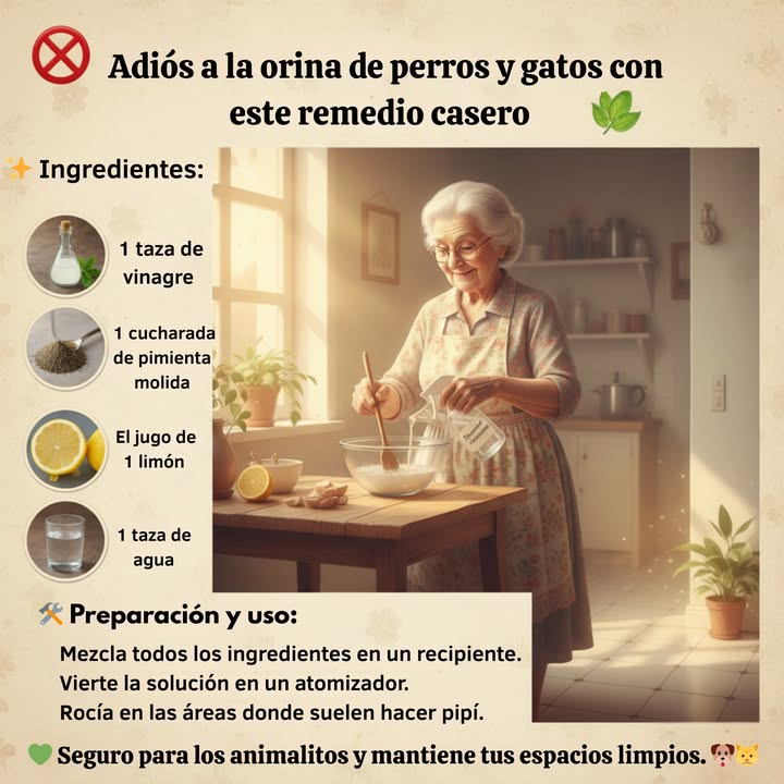 Adiós a la orina de perros y gatos con este remedio casero Si quieres evitar que tus mascotas o los animales callejeros orinen en ciertos lugares, prueba esta mezcla natural y efectiva. Ingredientes: 1 taza de vinagre 1 cucharada de pimienta El jugo de 1 limón 1 taza de agua Preparación y uso: 1 Mezcla todos los ingredientes en un recipiente. 2 Vierte la solución en un atomizador. 3 Rocía en las áreas donde suelen hacer pipí. Este remedio es seguro y ayudará a mantener los espacios limpios sin dañar a los animalitos.