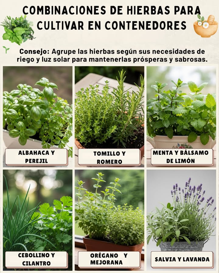 Magia de Combinaciones de Hierbas en Macetas 華 Combinar hierbas no solo es inteligente, es delicioso y ahorra espacio! Aquí te mostramos cómo emparejarlas para tener macetas felices y fragantes: Albahaca Perejil Prospera en suelo rico y húmedoperfectos compañeros de cocina. Tomillo Romero Amantes del sol y tolerantes a la sequía, ideales para combinaciones resistentes. Menta Melisa Refrescantes y calmantessolo asegúrate de que la menta no se apodere! Cebollino Cilantro Ambos aman las temperaturas más frescas y la humedad constante. Orégano Mejorana Amigos mediterráneos que prosperan uno al lado del otro. Salvia Lavanda Prefieren suelos más secos y mucha luz solarideales para macetas de bajo mantenimiento. Consejo: Agrupa las hierbas según sus necesidades de riego y luz solar para mantenerlas saludables y sabrosas.
