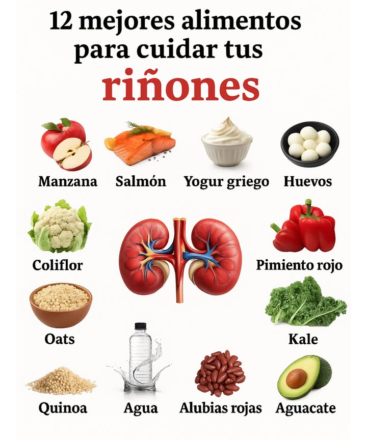 12 Mejores Alimentos para Riñones Saludables! 陋喙 Manzana Una fruta rica en fibra que ayuda a controlar el azúcar en sangre y el colesterol. Salmón Lleno de omega-3 que reduce la inflamación y protege la función renal. Yogur Griego Alto en proteínas y probióticos, suave para los riñones. 讀 Huevos Una excelente fuente de proteína limpia sin forzar los riñones. 復 Coliflor Una verdura versátil rica en vitaminas y compuestos amigables con la desintoxicación. Pimiento Rojo Cargado de antioxidantes y bajo en potasio. 塞 Kale Lleno de nutrientes, bajo en potasiogenial para comidas conscientes de los riñones. 北 Avena Un grano saludable para el corazón que apoya la función renal general. Agua El limpiador definitivo de riñones! Mantente hidratado para eliminar toxinas. Quinua Una proteína completa y alternativa de grano bajo en sodio. 樂 Frijoles Kidney Naturalmente nombrados y naturalmente apoyando la salud renal. 陋 Aguacate Grasas saludables y fibra, pero disfrútalo con moderación cuidado con el potasio!. Consejo Rápido: Combina estos alimentos con un estilo de vida activo y chequeos regulares para mantener tus riñones en óptimas condiciones!
