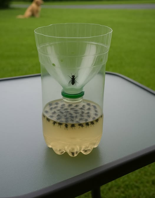 Tuve que sacar esto porque las moscas de este año son RIDÍCULAS... Publiqué esta trampa que hice en 2015, así que les doy la receta para que puedan hacer una... REALMENTE FUNCIONA. 1/2 taza de azúcar, 1/4 taza de vinagre, 1/2 taza de agua caliente, 1 cucharadita de sal. Y mezclar todo en la botella... Corta la parte del embudo y dale la vuelta.