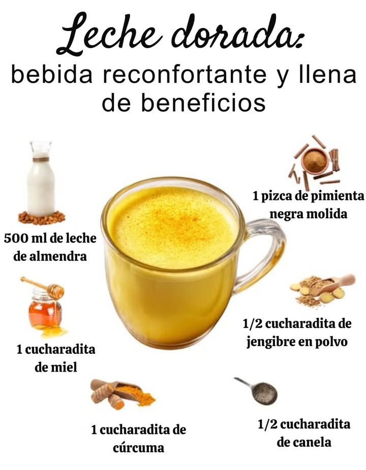 Leche dorada: bebida reconfortante y llena de beneficios   
 Refuerza el sistema inmunológico y reduce las inflamaciones  
律 Alivia el cuerpo y favorece un sueño reparador  
 Rica en antioxidantes y compuestos antiinflamatorios  
 Ingredientes naturales para cuidar de la salud  
拏 500 ml de leche de almendra  
 1 c. de c. de miel  
 1 c. de c. de cúrcuma  
 1 pizca de pimienta negra molida  
李 1/2 c. de c. de jengibre en polvo  
 1/2 c. de c. de canela  
 Calentar suavemente y disfrutar de este elixir dorado, reconfortante y lleno de vitalidad