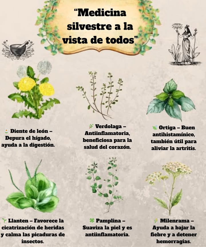 Estas plantas silvestres a menudo crecen sin ser notadas, pero han sido confiables durante siglos en la medicina herbal. Aprender a reconocerlas significa agregar poderosos aliados a tu kit de primeros auxilios y bienestar natural.   
1. Diente de león  Desintoxicación natural para el hígado y ayuda a la digestión.  
2. Verdolaga  Antiinflamatorio y apoya la salud del corazón.  
3. Ortiga  Un antihistamínico natural, también alivia el dolor de artritis.  
4. Plátano  Excelente para la cicatrización de heridas y para calmar picaduras de insectos.  
5. Hierba gatera  Calma la irritación de la piel y ayuda a reducir la inflamación.  
6. Milenrama  Reduce la fiebre y ayuda a detener el sangrado.