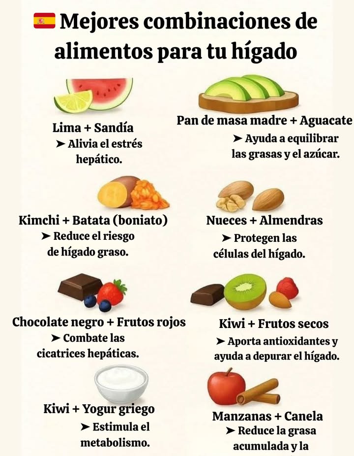 Mejores combinaciones de alimentos para cuidar el hígado

 Lima  Sandía
Alivia el estrés hepático.

陋 Pan de masa madre  Aguacate
Ayuda a equilibrar las grasas y el azúcar.

凜 Kimchi  Batata boniato
Reduce el riesgo de hígado graso.

 Nueces  Almendras
Protegen las células del hígado.

 Chocolate negro  Frutos rojos
Combate las cicatrices hepáticas.

諾 Kiwi  Frutos secos
Aporta antioxidantes y favorece la depuración hepática.

拏 Kiwi  Yogur griego
Estimula el metabolismo.

 Manzanas  Canela
Reduce la grasa acumulada y mejora la digestión.