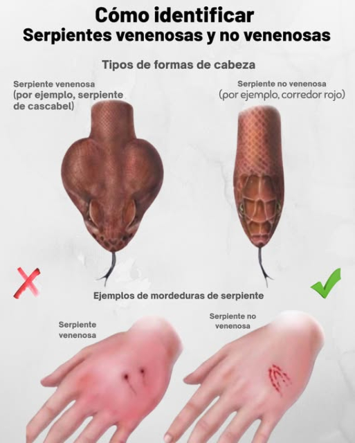 Inteligencia de Serpientes: Venenosas vs. No Venenosas  Conoce la Diferencia!  
Forma de la Cabeza:  
 Venenosas: Cabeza triangular por ejemplo, serpientes de cascabel  
 No Venenosas: Cabeza redondeada  
喝 Marcas de Mordedura:  
 Venenosas: 12 perforaciones profundas de colmillos, hinchazón, dolor severo  
 No Venenosas: Filas pequeñas de dientes, dolor leve  
 Mantente Seguro:  
 Nunca manejes serpientes salvajes  
 Algunas serpientes inofensivas imitan a las venenosas  
 Si te muerden, mantén la calma y busca ayuda médica rápidamente  
 El conocimiento te mantiene seguro!