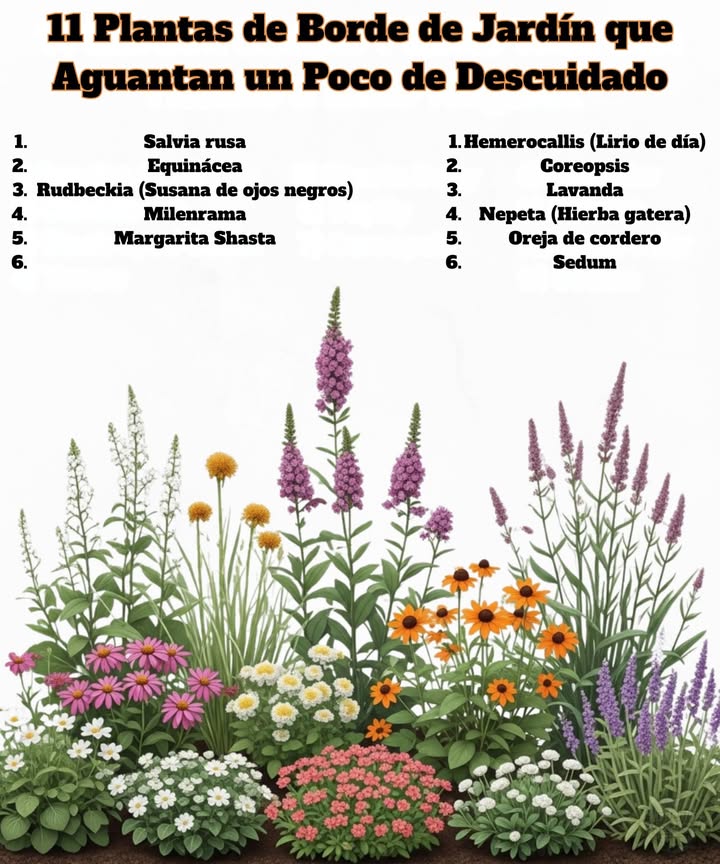11 Plantas de Borde de Bajo Mantenimiento 1. Salvia Rusa Tolerante a la sequía, prospera en suelos pobres Zonas 49. 2. Echinacea Florece largo tiempo, atrae polinizadores Zonas 39. 3. Susan de Ojos Negros Resistente y se siembra sola Zonas 39. 4. Milenrama Maneja condiciones secas, mejora el suelo Zonas 39. 5. Margarita Shasta Perenne clásica, ideal para ramos Zonas 49. 6. Lirio de Día De bajo mantenimiento, sobrevive al descuido Zonas 310. 7. Coreopsis Resistente a la sequía, flores duraderas Zonas 49. 8. Lavanda Fragante, repelente de plagas, ama el calor Zonas 59. 9. Nepeta Se extiende fácilmente, favorita de los polinizadores Zonas 38. 10. Oreja de Cordero Cubresuelo plateado Zonas 48. 11. Sedum Hojas que almacenan agua, perfecto para lugares secos Zonas 39. Transforma tu jardín sin esfuerzo!