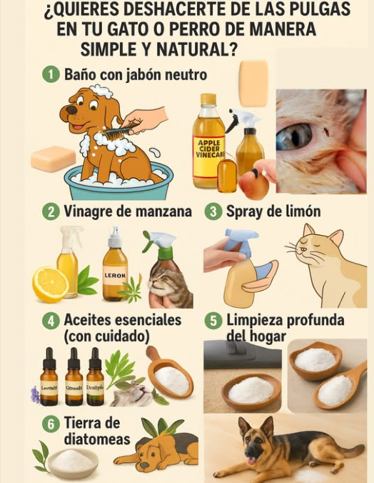 Quieres deshacerte de las pulgas en tu gato o perro de manera simple y natural? 殺 Aquí te dejamos algunos métodos efectivos: 1. Baño con jabón neutro: Dale un baño a tu mascota con agua tibia y jabón neutro como jabón para bebés o jabón de castilla. El agua y el jabón ayudan a desprender las pulgas, mientras que un peine antipulgas puede ayudar a eliminar las pulgas muertas del pelaje. 2. Vinagre de manzana: Mezcla partes iguales de agua y vinagre de manzana en un rociador. Aplica suavemente sobre el pelaje de tu mascota, evitando la zona de los ojos. El olor y la acidez del vinagre actúan como repelente para las pulgas. 3. Spray de limón: Hierve rodajas de limón en agua, deja enfriar y cuela. Utiliza esta mezcla natural para rociar a tu mascota, ya que el limón tiene propiedades que repelen las pulgas. 4. Aceites esenciales con cuidado: El aceite de lavanda, citronela o eucalipto puede ayudar a mantener alejadas a las pulgas, pero asegúrate de diluirlos unas gotas en agua y nunca los uses en gatos, ya que son sensibles a muchos aceites esenciales. 識 5. Limpieza profunda del hogar: Aspira alfombras, muebles y lava las camas de tus mascotas con agua caliente. Puedes usar bicarbonato de sodio o sal en las alfombras antes de aspirar para deshidratar pulgas y sus huevos. 6. Tierra de diatomeas: Espolvorea tierra de diatomeas de grado alimenticio en los lugares donde suele estar tu mascota. Esta tierra es natural y ayuda a matar pulgas deshidratándolas, pero evita que tu mascota la inhale. Sigue estos consejos y mantén a tu peludo libre de pulgas!