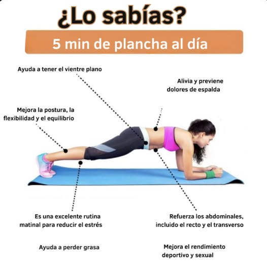 5 minutos de plancha al día 1_ Ayuda a mantener el vientre plano. 2_ Alivia y previene los dolores de espalda. 3_ Mejora la postura, la flexibilidad y el equilibrio. 4_ Refuerza los músculos abdominales, incluido el recto y el transverso. 5_ Contribuye a reducir el estrés al integrarlo en la rutina matinal. 6_ Favorece la pérdida de grasa. 7_ Potencia el rendimiento físico y sexual.