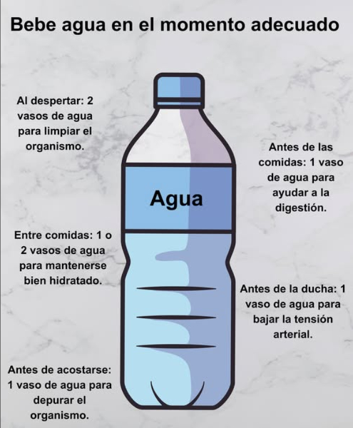 Bebe agua en el momento adecuado Al despertar 2 vasos de agua para limpiar el organismo Antes de las comidas 1 vaso de agua para ayudar a la digestión Antes de la ducha 1 vaso de agua para bajar la tensión arterial 磻 Entre comidas 1 o 2 vasos de agua para mantenerse bien hidratado Antes de acostarse 1 vaso de agua para depurar el organismo
