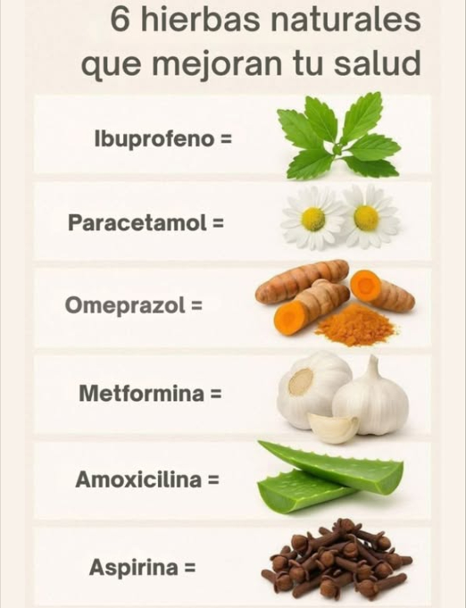 6 Hierbas Naturales que Apoyan tu Salud 
 Ibuprofeno: Hojas de sauce blanco.
 Paracetamol: Flores de manzanilla.
 Omeprazol: Cúrcuma.
 Metformina: Ajo.
 Amoxicilina: Aloe vera.
 Aspirina: Clavos de olor.
Cada una de estas hierbas naturales ha sido reconocida tradicionalmente por sus propiedades beneficiosas, brindando alternativas suaves para el bienestar.
