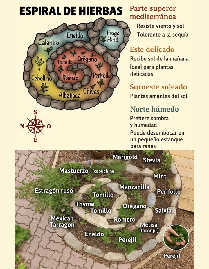 Espiral de Hierbas: Diseño de Jardín Inteligente y Ahorra Espacio  
Un clásico de la permacultura que crea microclimas ideales para cada hierba.

 Parte superior de la espiral = zona más soleada y seca romero, tomillo, lavanda  
 Base = zona más fresca y rica en humedad menta, perejil, melisa  
 Pendiente orientada al suroeste favorece a los amantes del calor  
 Lado noreste permanece sombreado y húmedo  

Cultiva una mezcla completa de hierbas culinarias y medicinales:  
orégano, salvia, albahaca, eneldo, estragón, perifollo, caléndula, manzanilla  

 Un diseño compacto y hermoso que apoya la biodiversidad y las cosechas durante todo el año  
#HerbSpiral #EspiralDeHierbas  #PermacultureGarden #JardínDePermacultura