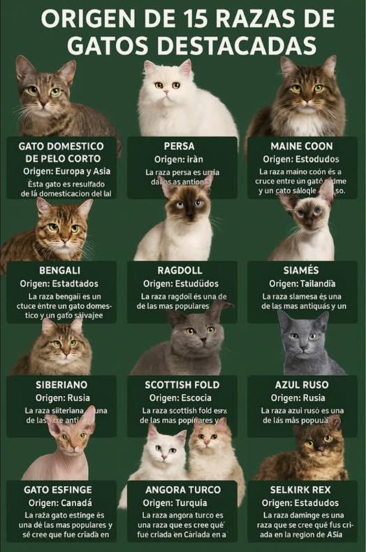 Los gatos han sido compañeros del ser humano durante miles de años. Desde el antiguo Egipto hasta hoy, su compañía, destreza en la caza y belleza han sido altamente valoradas. Con más de 70 razas reconocidas, cada una posee una historia y un origen cautivadores. 
A continuación, exploramos el origen de 15 razas destacadas de gatos:
1. Gato Doméstico de Pelo Corto: Origen en Europa y Asia. Este gato es producto de la domesticación del gato salvaje africano y europeo.
2. Persa: Originario de Irán. Esta raza es una de las más antiguas y se cree que fue criada en la corte real persa durante el siglo XVI.
3. Maine Coon: Proviene de Estados Unidos. Se trata de una de las razas más grandes, criada en el estado de Maine en el siglo XIX.
4. Bengalí: Originado en Estados Unidos. Esta raza es un cruce entre un gato doméstico y un gato salvaje asiático.
5. Ragdoll: También originario de Estados Unidos. Es una de las razas más populares, criada en California durante la década de 1960.
6. Siamés: Procedente de Tailandia. La raza siamesa es una de las más antiguas, criada en la corte real tailandesa desde el siglo XIV.
7. Siberiano: Su origen se encuentra en Rusia. Esta antigua raza fue criada en la región siberiana a partir del siglo XIX.
8. Scottish Fold: Originario de Escocia. Esta popular raza fue criada en Escocia durante la década de 1960.
9. Azul Ruso: También proveniente de Rusia. Es una de las razas más antiguas, originándose en esa región en el siglo XIX.
10. Gato Esfinge: Procedente de Canadá. La raza esfinge ganó popularidad y se cree que fue criada allí en los años 60.
11. Angora Turco: Con origen en Turquía. Esta antigua raza fue criada en la región de Anatolia durante el siglo XVI.
12. Selkirk Rex: Originario de Estados Unidos. Conocida por su popularidad, se cree que fue criada en Montana durante los años 80.
13. Gato de Pelo Largo: Con orígenes en Europa y Asia, resulta de la domesticación del gato salvaje africano y europeo.
14. Gato de Pelo Corto: Similar al anterior, también proviene de Europa y Asia por medio de la domesticación del gato salvaje africano y europeo.
15. Gato Oriental: Su origen está en Asia, donde se cree que fue criado a finales del siglo XIX.
 Descubre el fascinante mundo felino y aprende más sobre estas increíbles razas!