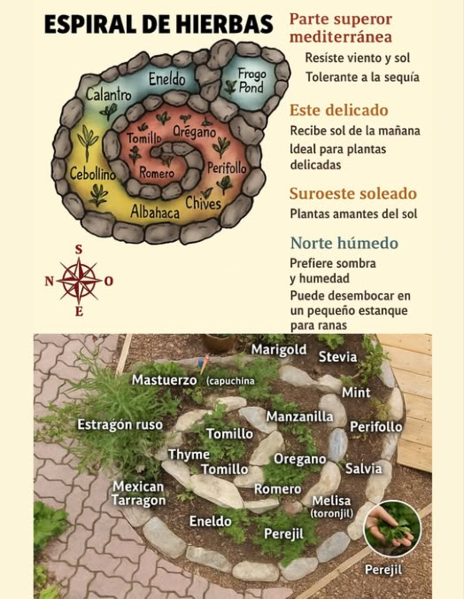 Espiral de Hierbas: Diseño de Jardín Inteligente y Ahorra Espacio  
Un clásico de la permacultura que crea microclimas ideales para cada hierba.
 Parte superior de la espiral = zona más soleada y seca romero, tomillo, lavanda  
 Base = zona más fresca y rica en humedad menta, perejil, melisa  
 Pendiente orientada al suroeste favorece a los amantes del calor  
 Lado noreste permanece sombreado y húmedo  
Cultiva una mezcla completa de hierbas culinarias y medicinales:  
orégano, salvia, albahaca, eneldo, estragón, perifollo, caléndula, manzanilla  
 Un diseño compacto y hermoso que apoya la biodiversidad y las cosechas durante todo el año  
#HerbSpiral #EspiralDeHierbas  #PermacultureGarden #JardínDePermacultura