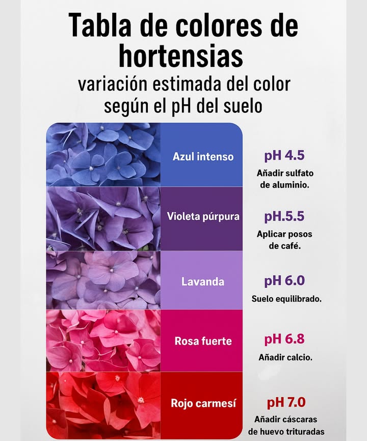 El pH del suelo lo cambia todo: desde azules intensos hasta rojos brillantes.
 Suelos ácidos pH bajo: favorecen tonos azules y violetas
 pH neutro: da lugar a tonos lavanda suaves
 Suelos alcalinos pH alto: transforman las flores en rosas o rojas
 Ajusta el color de forma natural con cáscaras de huevo o posos de café
 Elige el tono de tus flores analizando y equilibrando el suelo de tu jardín

離 Cambia el suelo y cambiarás el colorsin necesidad de tintes.