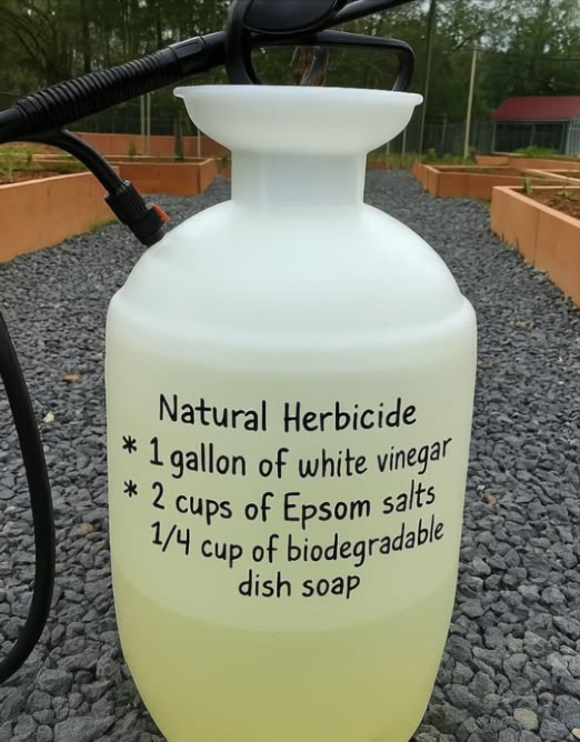 Herbicida Natural:
1 galón de vinagre blanco
2 tazas de sales de Epsom
1/4 de taza de jabón para platos biodegradable
Instrucciones:
Mezcla todos los ingredientes en un recipiente grande o en una botella rociadora.
Agita bien antes de usar.
Aplica directamente sobre las malas hierbas en un día soleado para obtener los mejores resultados.