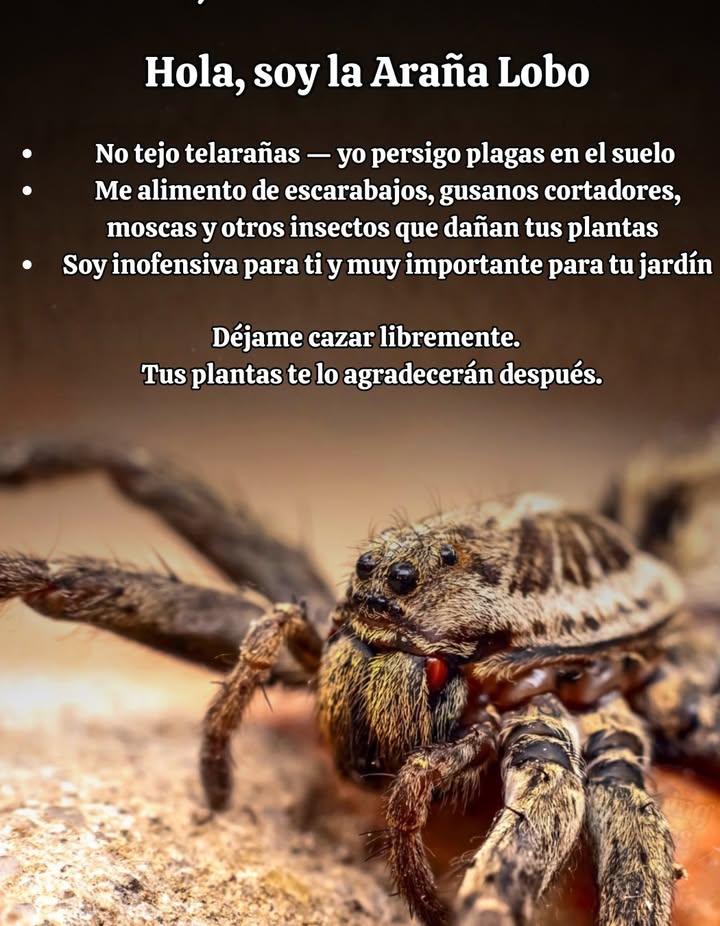 Conoce a la Araña Lobo  El Silencioso Protector del Jardín  
No todos los ayudantes del jardín tienen alas o una cara bonita.  
Algunos tienen ocho patas y un trabajo que hacer.  
  
Las arañas lobo cazan a nivel del suelo, eliminando silenciosamente las plagas que comen hojas y arruinan plántulas.  
 Escarabajos  
 Gusanos cortadores  
 Moscas  
 Pequeños insectos fitófagos  
  
No tejen telarañas  patrullan como pequeños guardabosques nocturnos.  
No hacen daño a las personas ni a las mascotas.  
Simplemente mantienen el equilibrio donde los químicos lo destruirían.  
  
 Los jardines saludables no siempre son ordenados.  
Están vivos  y llenos de trabajadores que nunca verás.                
  
Deja que la naturaleza se defienda sola  y observa cómo tus plantas prosperan.