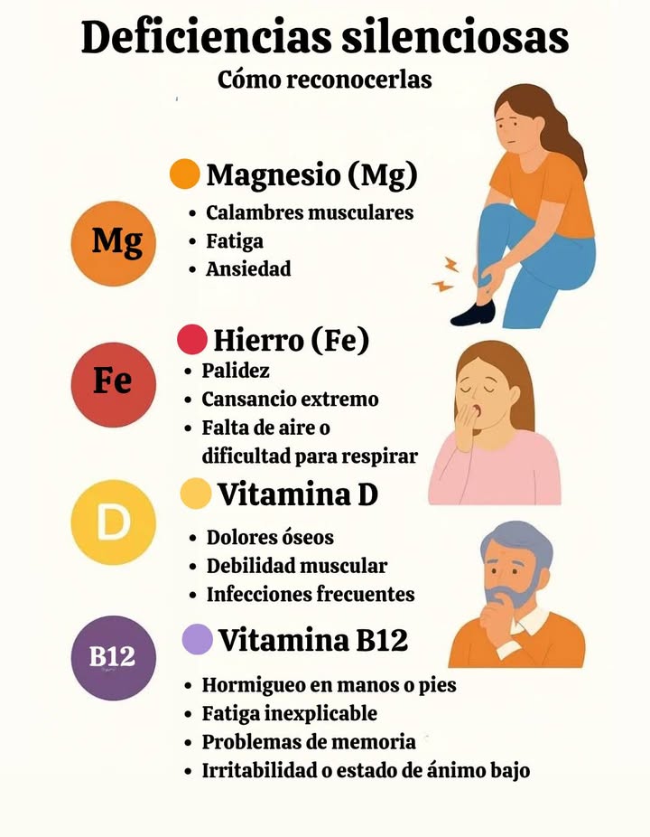 Versión en español
 Deficiencias silenciosas: cómo reconocerlas

 Magnesio Mg
Calambres musculares
Fatiga
Ansiedad

 Hierro Fe
Palidez
Cansancio extremo
Falta de aire o dificultad para respirar

 Vitamina D
Dolores óseos
Debilidad muscular
Infecciones frecuentes

 Vitamina B12
Hormigueo en manos o pies
Fatiga inexplicable
Problemas de memoria
Irritabilidad o estado de ánimo bajo

 Mantener un equilibrio adecuado de vitaminas y minerales es esencial para el bienestar físico y mental. Una alimentación variada y saludable ayuda a prevenir estas deficiencias de forma natural.