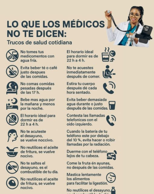 LO QUE LOS MÉDICOS NO TE DICEN:
Trucos de salud cotidiana
No tomes tus medicamentos con agua fría.
Evita beber té o café justo después de las comidas.
No comas comidas pesadas después de las 17 h.
Bebe más agua por la mañana y menos por la noche.
El horario ideal para dormir es de 22 h a 4 h.
No te acuestes inmediatamente después de comer.
Evita usar el teléfono en la oscuridad durante largos períodos.
Estira tu cuerpo después de cada hora sentado.
No pongas tus auriculares al volumen máximo, protege tus oídos.
Evita beber demasiada agua durante o justo después de las comidas.
Contesta las llamadas telefónicas con el oído izquierdo.
Cuando la batería de tu teléfono esté por debajo del 10 %, evita hacer o recibir llamadas por la radiación.
Duerme con el teléfono lejos de tu cabeza.
Come la fruta en ayunas, no después de las comidas.
Mastica lentamente los alimentos para facilitar la digestión.
No reutilices el aceite de fritura, se vuelve nocivo.
No te saltes el desayuno, es el combustible de tu día.
Mantente hidratado a lo largo del día, sobre todo con calor.
#SaludDiaria #ConsejosDeSalud  #FrutaEnAyunas