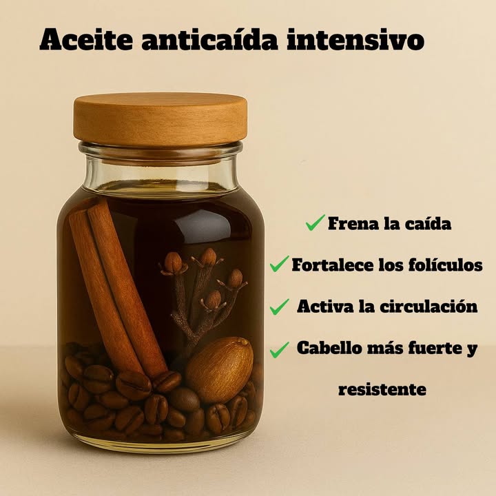 Aceite Anticaída Intensivo café  canela  clavos  ricino

Ingredientes: 1 cda café en grano o molido grueso  1 rama de canela  68 clavos de olor  100 ml aceite de ricino  㮝100 ml aceite de oliva para aligerar

Paso a paso 1 龎 Frasco limpio.  
2  Coloca café, canela y clavos.  
3  Mezcla ricino  oliva y vierte hasta cubrir.  
4  Baño María 2530 min fuego bajo o  macera 23 semanas.  
5 炙 Cuela, envasa y etiqueta.

Uso:  Masaje en cuero cabelludo 5 min, deja 12 h y lava. 23/semana.