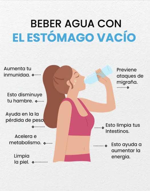 Bebe agua con el estómago vacío Tu cuerpo te lo agradecerá: Refuerza la inmunidad Previene migrañas Disminuye el hambre Limpia los intestinos Favorece la pérdida de peso Acelera el metabolismo Mejora la piel Aumenta la energía Un hábito simple que transforma tu salud #Salud #Bienestar #HábitosSaludables #Agua