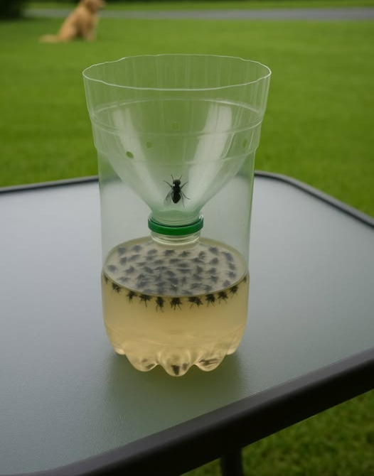 Tuve que sacar esto porque las moscas de este año son RIDÍCULAS... Publiqué esta trampa que hice en 2015, así que les doy la receta para que puedan hacer una... REALMENTE FUNCIONA. 1/2 taza de azúcar, 1/4 taza de vinagre, 1/2 taza de agua caliente, 1 cucharadita de sal. Y mezclar todo en la botella... Corta la parte del embudo y dale la vuelta.