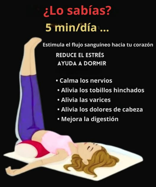 Levantarse las piernas 5 minutos al día aporta numerosos beneficios Favorece la circulación sanguínea hacia el corazón Reduce el estrés y aporta una sensación de relajación Facilita el sueño Calma el sistema nervioso Disminuye la hinchazón de los tobillos Alivia las varices y las piernas pesadas Mitiga los dolores de cabeza Ayuda a una mejor digestión