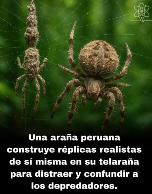 Este asombroso comportamiento se atribuye a una araña descubierta en la Amazonía peruana, probablemente una especie del género Cyclosa. Este género es conocido por crear señuelos o "muñecos" en sus telas utilizando seda, hojas e insectos muertos. Lo que hace única a la variedad peruana es la precisión con la que imita su propio cuerpo: tamaño, forma y disposición de las patas. Documentada por primera vez en 2012 por el biólogo Phil Torres cerca del Centro de Investigación Tambopata, esta araña fue observada construyendo estos señuelos con gran detalle. Los señuelos actúan como una forma de mimetismo defensivo, confundiendo a posibles depredadores como aves o avispas. En algunos casos, incluso sacude la telaraña para dar movimiento al muñeco y reforzar la ilusión. Este comportamiento le permite desviar ataques hacia el señuelo y aumentar sus posibilidades de escapar. Es un ejemplo raro e inteligente de engaño en los arácnidos, que demuestra cómo la evolución puede generar estrategias defensivas sorprendentemente sofisticadas incluso en pequeños invertebrados.