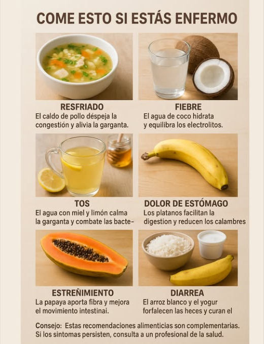 Alimentos recomendados para cuando no te sientes bien 1 Resfriado: El caldo de pollo ayuda a despejar la congestión y alivia la garganta. 2 Fiebre: El agua de coco es ideal para hidratar y equilibrar los electrolitos. 3 Tos: Mezcla agua con miel y limón para suavizar la garganta y combatir bacterias. 4 Dolor de estómago: Un plátano facilita la digestión y alivia calambres. 5 Estreñimiento: La papaya es rica en fibra y mejora el tránsito intestinal. 6 Diarrea: El arroz blanco y el yogur ayudan a fortalecer las heces y calman el intestino. 7 Dolor de garganta: El jengibre o el clavo de olor pueden reducir la inflamación. Incorpora estos alimentos de manera equilibrada, complementándolos con líquidos, descanso y buena higiene.