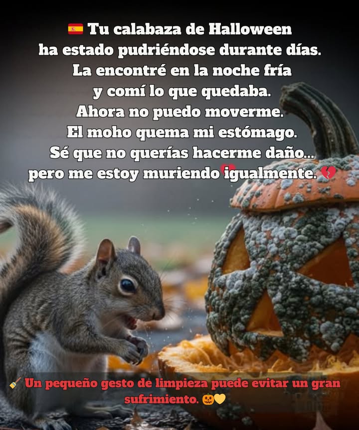 Cuando las calabazas talladas se dejan afuera demasiado tiempo, crecen moho y bacterias que son tóxicas para la vida silvestre. Los mapaches, ardillas y zarigüeyas a menudo comen los restos y se enferman por intoxicación por moho o malestar digestivo. 劣 Para protegerlos: Retira las calabazas talladas después de unos días Compostar o desechar las que tengan moho de manera segura Ofrecer solo restos frescos si alimentas intencionalmente a la vida silvestre Una pequeña limpieza puede prevenir el sufrimiento innecesario. #PumpkinSafety #SeguridadDeCalabazas #HalloweenCleanup #LimpiezaDeHalloween #WildlifeAwareness #ConcienciaSobreLaVidaSilvestre