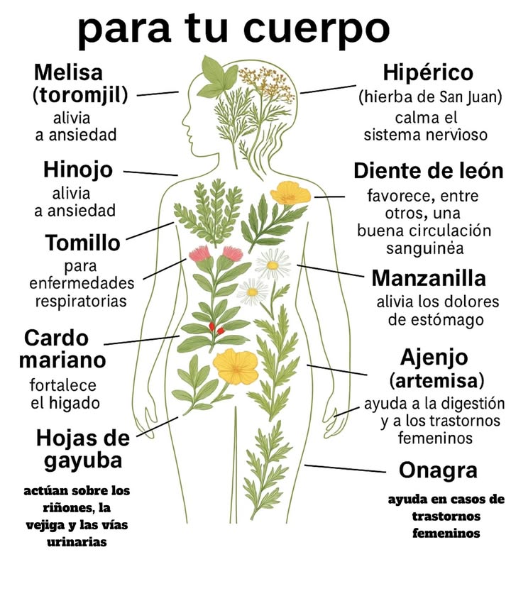 Plantas medicinales para tu cuerpo Melisa toronjil: alivia la ansiedad. Hipérico hierba de San Juan: calma el sistema nervioso. Hinojo: contribuye a reducir la ansiedad. Diente de león: favorece la circulación sanguínea. Tomillo: útil en casos de enfermedades respiratorias. Manzanilla: alivia dolores de estómago. Cardo mariano: fortalece el hígado. Ajenjo artemisa: apoya la digestión y los trastornos femeninos. Hojas de gayuba: actúan sobre riñones, vejiga y vías urinarias. Onagra: ayuda en casos de trastornos femeninos. Un recorrido natural por plantas que la tradición ha valorado por sus beneficios en diferentes funciones del organismo.
